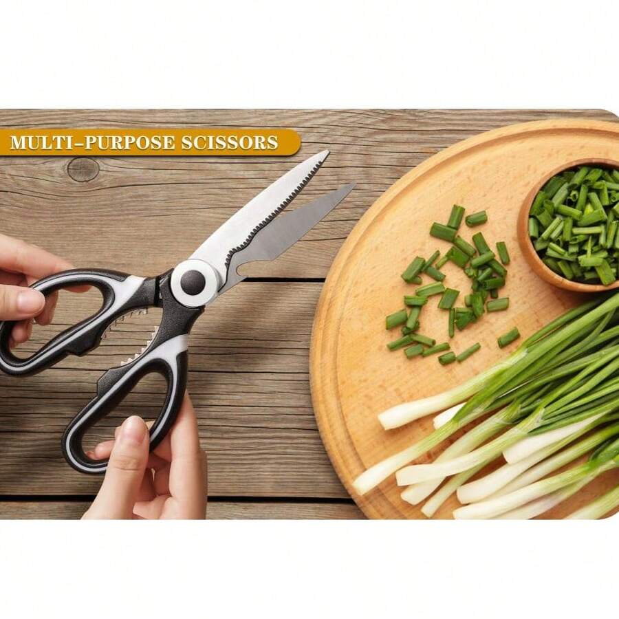 1PC Professional-Grade Kitchen Multifunctional Scissors - Sharp Stainless Steel For Home Cooks & Small Families, Ergonomic Handle For Poultry Cutting/Vegetable Prep/Food Packaging, Gardening Light Use,Universal Fit For Daily Kitchen Use - 黑與白 - 查看 1