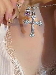 "1pc Rhinestone Cross Necklace With Pink Square Pendant, Fashionable Silver Jewelry For Women, Luxury Necklace For Daily Wear, Perfect For Dating, Parties & Festivals" - 銀色 - 查看 4
