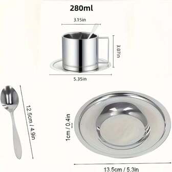 1 Set 304 Stainless Steel Double Wall Insulated Coffee Cup Set, Includes Spoon And Saucer, Suitable For Home, Cafe, Restaurant - 200ml/280ml Creative Insulated Milk Cup Set, Premium Stainless Steel Coffee Cup With Saucer Set - Double Wall Insulated Coffee Cup, Suitable For Espresso, Cappuccino, Latte | Stylish And Durable Design With Handle, Suitable For Home, Office And Cafe Use | Ideal For Coffee Lovers Seeking Style And Functionality