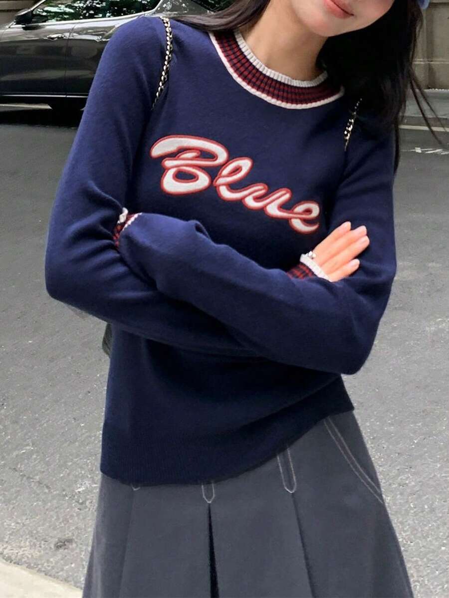 Christmas & New Year Letter Print Striped Contrast Collar Long Sleeve Crew Neck Sweater Top For Women, Casual College Style Suitable For Outings And Commuting, Autumn/Winter - Royal Blue - View 1