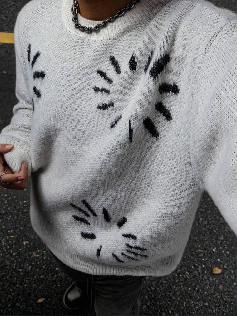 男士休闲宽松太阳图案套头衫，街头风格，圆领，长袖，秋冬 - 灰色 - 查看 1