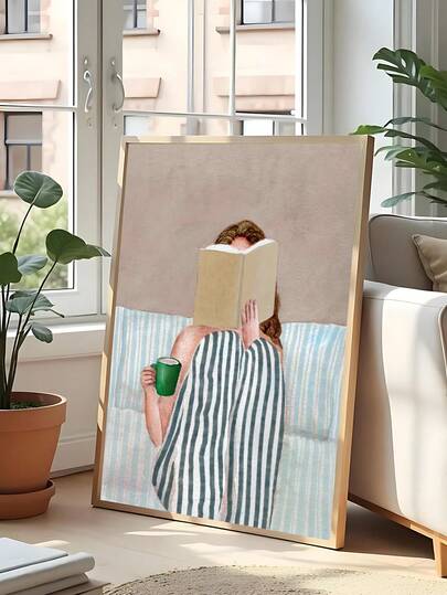 1 pieza Arte de pared minimalista moderno de una mujer leyendo un libro, pintura acuarela, arte de pared de botella de champán rosado, arte femenino, decoración de bar, cartel de cóctel, mujer descansando en el sofá, arte de pared para dormir, decoración de dormitorio, decoración de sala de estar, decoración de oficina, decoración de cocina, decoración de dormitorio, arte de pared, decoración de pared, decoración del hogar, decoración de habitación, arte de pared en lienzo, carteles, arte de pared con marco, marco opcional