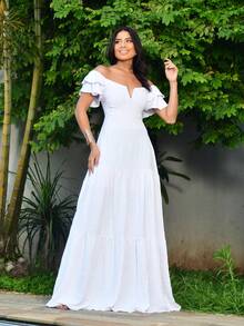 Long Off-The-Shoulder Dress With Ruffles, V-Neckline, And Charming Sleeves - White - View 7