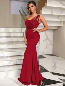 Joyfunear Vestido de noche de sirena con un solo hombro (muy enjoyado) para mujer - Burdeos - Ver 4