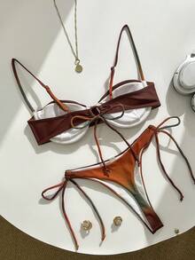 Stylish Sexy Ombre Ruched Two-Piece Bikini Set, Summer - Coffee Brown - View 3