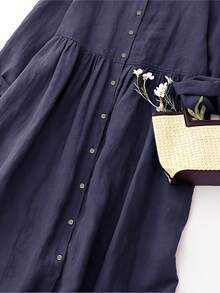 Vestido casual holgado de talla grande con cuello en V y abertura frontal, elegante para otoño/primavera - Azul Marino - Ver 4