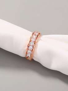 Nooxian 1pc Rose Gold Color Rhinestone Decor Openable Chain Copper Ring, Engagement Rings For Women