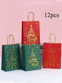 6/25pcs Christmas Kraft Paper Gift Bags, Red And Green With Golden Christmas Tree, Metallic Finish, Holiday Party Gift Bags With Handles, Suitable For Christmas Celebrations