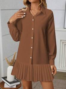 Women's Elegant Solid Color Pleated Collar Front Button Closure And Side Slit Shirt Dress Spring - Brown - View 4