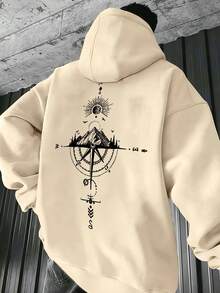 Men's Mountain Print Thermal Lined Drawstring Hoodie With Pockets, Autumn/Winter, Long Sleeve Top - Apricot - View 3