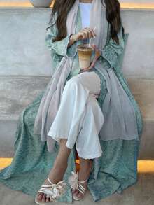 1 件优雅休闲印花袖口柔软面料 Abaya 开衫长袍披肩，适合日常穿着和聚会 - 綠色 - 查看 1