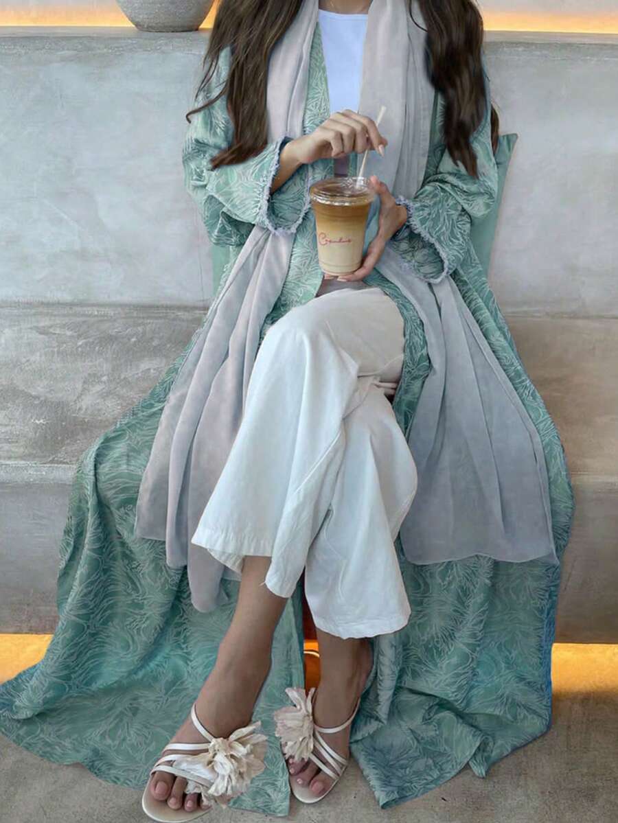 1 件优雅休闲印花袖口柔软面料 Abaya 开衫长袍披肩，适合日常穿着和聚会 - 綠色 - 查看 1