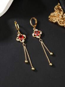 1 Pair 18K Gold Plated Copper Delicate Chic Luxury Red Heart Knot Fashion Earrings, Gift For Women, Suitable For Daily Wear - Yellow Gold - View 1