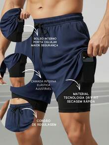 2-In-1 Double Sports Dry Fit Shorts With Pocket Gym Shorts Sports Shorts - Màu xanh hải quân - Xem 3