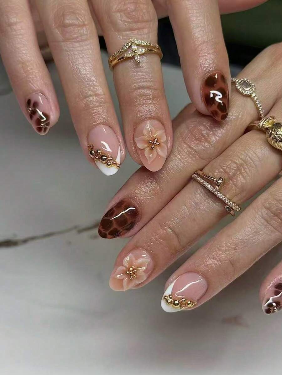 10pcs Handmade Almond-Shaped Burgundy French Tip Gold Asymmetrical Line Decor 3D Starry Nail Art Stickers, Sophisticated & Fashionable Nails Nail Supplies Handmade Press On Nails - Multicolor - View 1