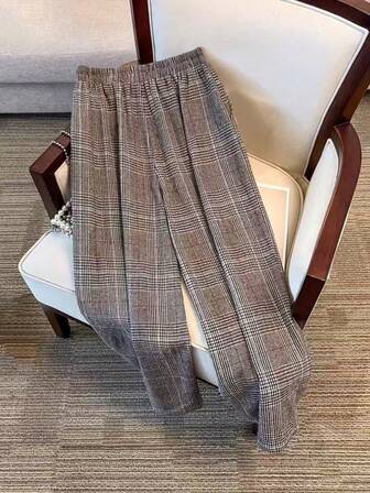 女式格子梭织面料阔腿裤，长款休闲长裤，无弹力