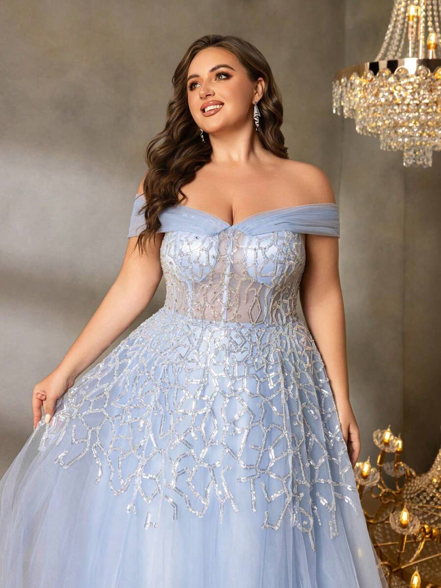 Vestido Elegante de Chiffon Estilo A-Line para Mulheres Plus Size, Amarração na Cintura Nas Costas, Ajuste Slim, Adequado para Gala de Traje Preto, Vestido de Convidada de Casamento, Vestido da Mãe da Noiva, Evento de Tapete Vermelho e Jantar Formal - Azul bebê - Visão 1