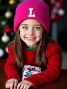 1 buc Căciulă tricotată pentru copii cu litere A-Z, căciulă tricotată caldă de culoare solidă, potrivită pentru băieți și fete, potrivită pentru uz în aer liber și zilnic - Roz fierbinte - Vizualizare 2