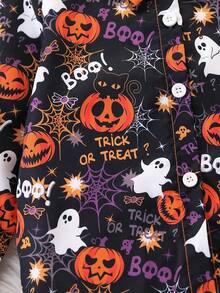 2pcs/Set Young Boy Halloween Pumpkin, Ghost, Spider Web Graphic Full Print Long Sleeve Button-Up Shirt And Pants Set, Casual For Daily, Holiday, Party, Outdoor Wear, Spring/Autumn - Orange - View 5
