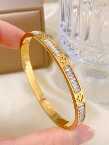 3pcs/1pc Fashion 18K Gold Plated Stainless Steel Four-Leaf Clover Nail Bracelet, Suitable For Women's Party, Daily Wear, European And American Style, Personalized, Generous, Luxury Cubic Zirconia Wristband, Wedding Jewelry Set, Gift For Girls, Women, Relatives, Friends, Beautiful Wedding, Birthday, Valentine's Day