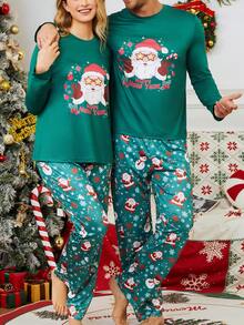 2 件套男士圣诞随机印花图案常规版型圆领套头衫和裤子宽松睡衣套装，轻便，适合春秋季 - 綠色 - 查看 4