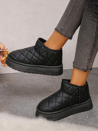 1 Pair Women's Thermal Lined Black Snow Boots, Platform High Heel, Thick Sole, Short Shaft, Casual Winter Boots For Daily Wear