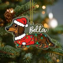 Personalisierte Weihnachtsornament mit Dackel in Weihnachtsoutfit mit Licht und Hundenamen, süßes Geschenk für Dackel-Liebhaber, Geschenk für Dackel-Fans