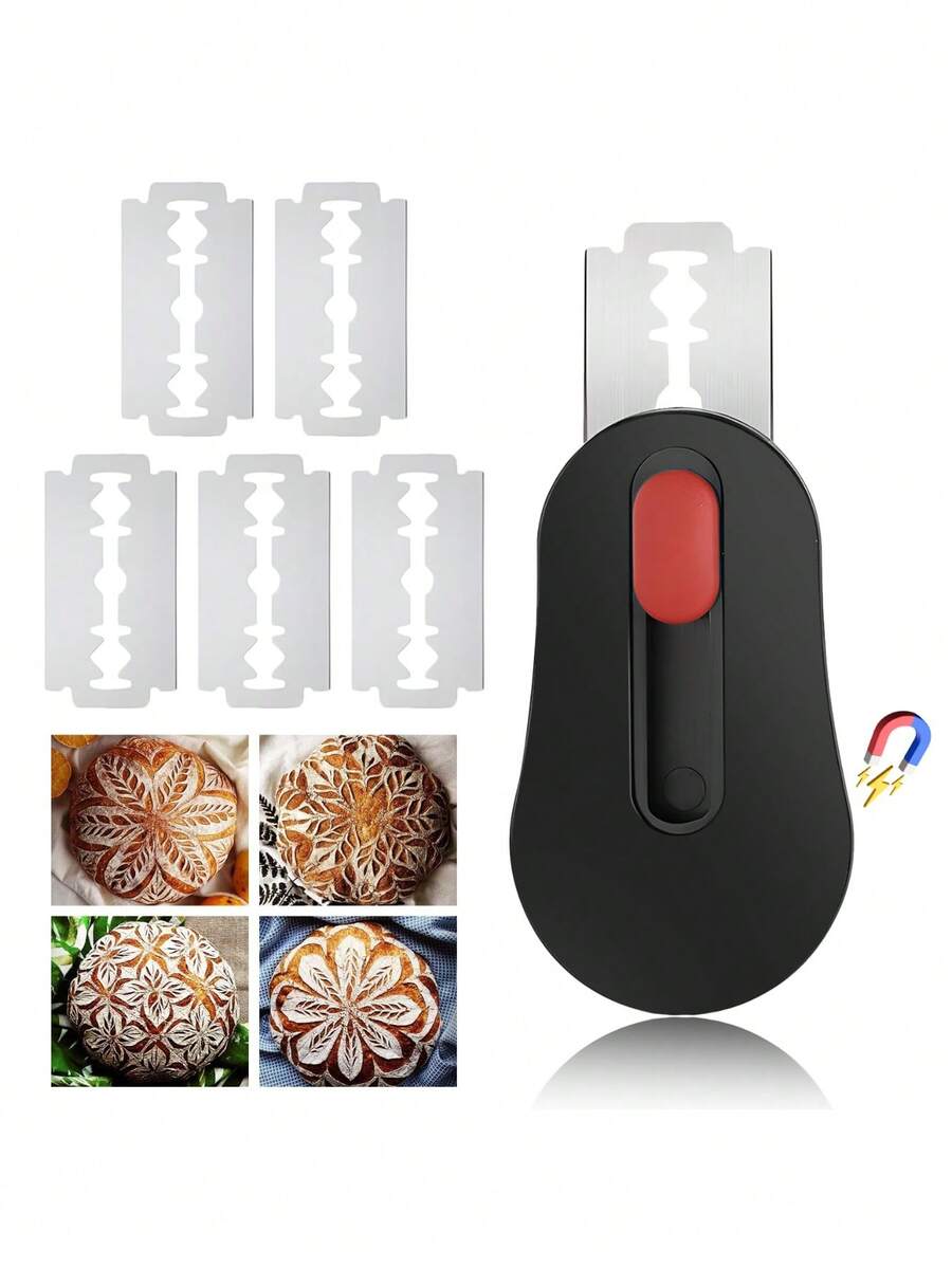 1件升级版磁性酸面包割纹刀 - 含6个刀片，多功能面包割纹刀，专业面包割刀，适用于酸面包烘焙和面包制作 - 附带割纹图案手册和刀片