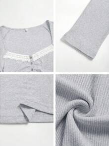 Y2K Stil Damen Langarm Fitted Top in Braun, Kontrast Spitze am quadratischen Kragen, süßer, minimalistischer Campus-Stil für Sommer und Frühling - Blume grau - Übersicht 12