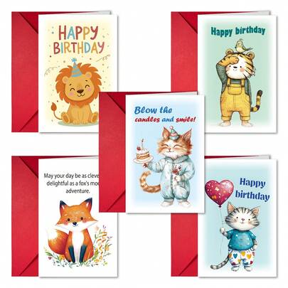 1pc Funny Happy Birthday Greeting Card With Envelope Set, Cute Cartoon Animal Design, Foldable Card For Message