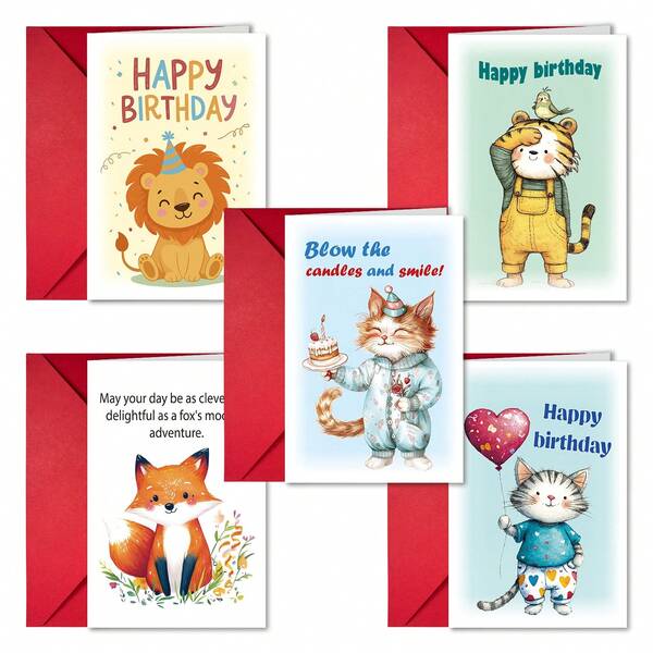1pc Funny Happy Birthday Greeting Card With Envelope Set, Cute Cartoon Animal Design, Foldable Card For Message
