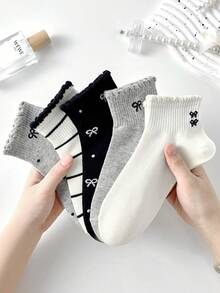 5 Pairs Women's Cute Breathable Striped Bow Polka Dot Pattern Short Invisible Socks, Ankle Socks Crew Socks, White Socks, Black Socks For Daily & Casual Wear, Suitable For Fall&Winter, For All Seasons