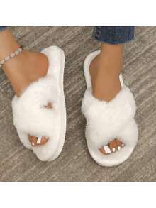Women's Fashionable Fluffy Slippers, Cross Striped Fluffy Slippers, Soft And Lightweight Indoor Home Slippers, Quiet Carpet Slippers, Open Toed Slippers - White - View 12
