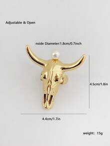 1 件时尚金色/银色牛头和角珍珠铜镀金开口戒指，适合男女日常和派对佩戴 - 大牛頭戒指 - 查看 5