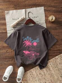 Tween 女童热带印花圆领短袖 T 恤，夏季上衣 - 深灰色 - 查看 3