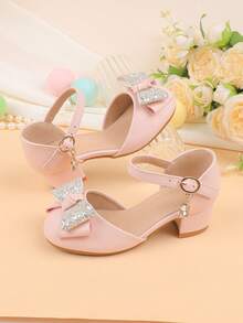 Flower Girl Shoes For Wedding, Party, Holiday, Suitable For Girls Of All Ages, Children Shoes, Classic Comfortable Versatile Small Shoes, Girls Fashion Pink Bow Glitter Sequin Shiny Heeled Dress Shoes For Formal Occasions, Recitals, Dance, Princess Style