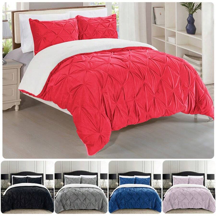 Elegant Comfort Ultra Soft 3pcs Pinch Pleated Pintuck Microsuede Fleece Reversible Sherpa Comforter Set With Shams, Cozy Warm Breathable, Easy Care Quilt Comforter Sets, Full/Queen, King/California King Size Bed For All Seasons, Christmas Decorations Gifts, Cozy Winter Styles, Holiday Décor - 紅色 - 查看 1