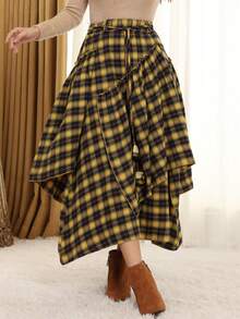 Scottish Style Women's Tartan Skirt - Elegant High Waist With Celtic FringeFlowyAsymmetrical Hem | Non-Stretch Fabric | All-Season Wear - 黃色 - 查看 3