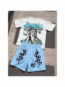 Men's Statue Of Liberty Set 100% Cotton T-Shirt And Drawstring Shorts Streetwear Casual Premium - Trắng-Xanh nhạt - Xem 4
