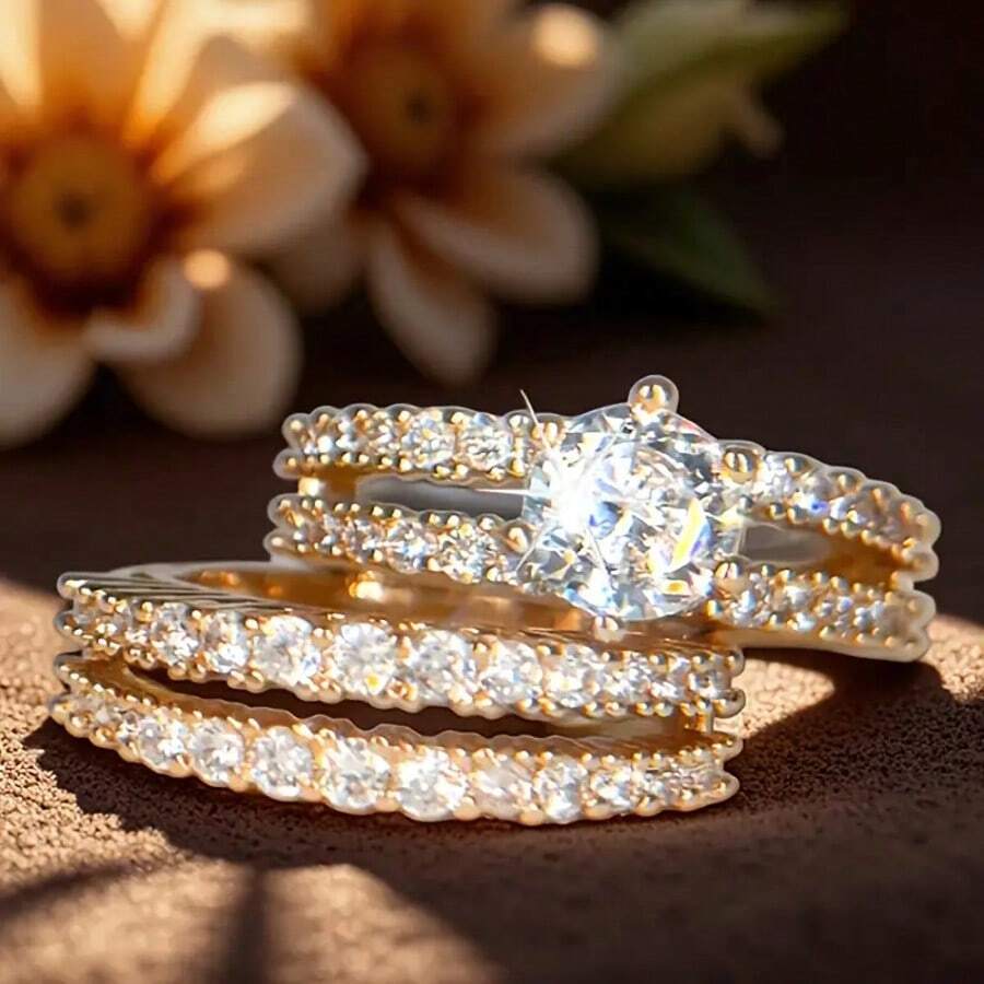 2 件优雅 14k 镀金戒指,镶嵌闪亮白色方晶锆石,适合订婚、婚礼、日常佩戴、情人节礼物 - 金色 - 查看 1