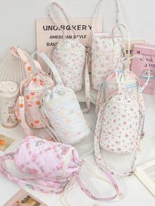 1 szt. pikowana okrągła torebka na ramię, torebka typu wiadro, śliczna okrągła torebka, przenośna torba podróżna na butelkę z wodą, torba na ramię z kieszenią na telefon, uchwyt na butelkę z wodą, torba podróżna na ramię z kwiatowym wzorem i kokardą, z odpinanym paskiem na ramię, śliczna okrągła torebka do podróży, codziennego życia, biura, nauki, na zewnątrz, do pracy, prezent urodzinowy, prezent dla przyjaciela - Wielokolorowe - Zobacz 2