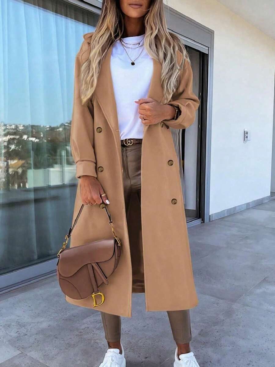 Saodimallsu Women's Elegant Long Wool Blend Coat Winter Double Breasted Pea Coat Notched Lapel Overjacket - Lạc đà - Xem 1
