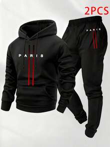 PARIS Letter Print- 2 Piece Set New Mens Graphic Hoodie Set For Slight Stretch - Spring Fall/Winter Casual Essentials | Machine Wash.Black Fitness Apparel For Men, Set For Running Gear, Sporty Design, Gym Enthusiasts. - 巴黎 - 查看 1