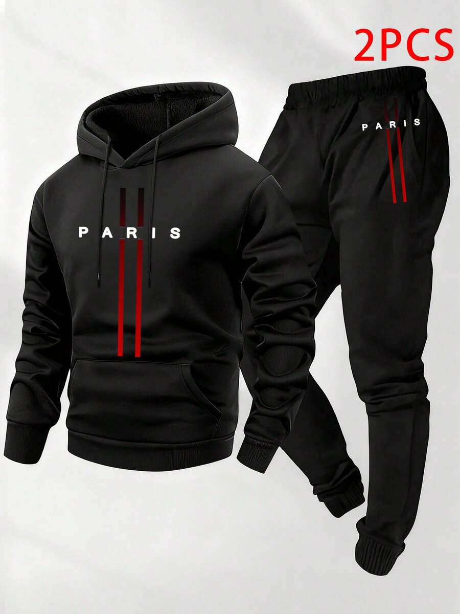 PARIS Letter Print- 2 Piece Set New Mens Graphic Hoodie Set For Slight Stretch - Spring Fall/Winter Casual Essentials | Machine Wash.Black Fitness Apparel For Men, Set For Running Gear, Sporty Design, Gym Enthusiasts. - 巴黎 - 查看 1
