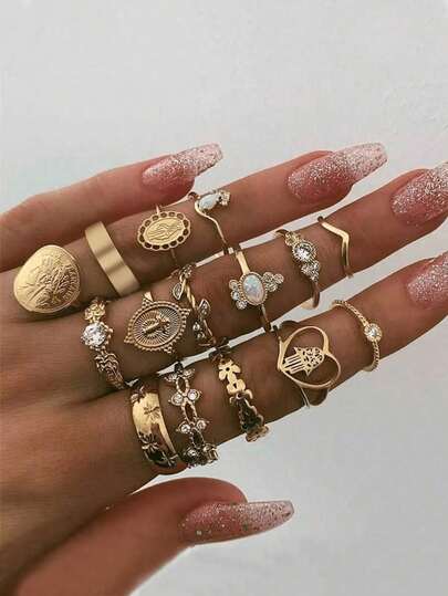 15 Pcs/Set Vintage Beauty Head Ring Set - Coin/Cross/Heart-Shaped Pattern, Summer Beach Party Wedding Daily Wear Jewelry, Ideal Gift For Valentine's Day & Mother's Day