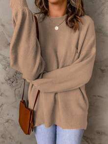 Pullover Kasual Wanita Kerah Bulat Warna Polos Bahu Longgar Saku Tempel - Aprikot - View 7