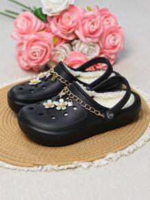 CIVHOM 女士冬季毛绒内衬一脚蹬木屐 - 非 EVA 拖鞋 室内/室外家居鞋，舒适织物衬里 - 黑色 - 查看 6