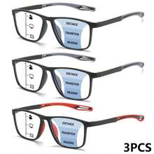 3pcs Multi-Focus Photochromic Reading Glasses, 2-In-1 Progressive Lenses For Distance & Near Vision, Flexible & Durable TR Temples, Classic Rectangular Frame, Comfortable Multifocal Readers - 2 Gray + Red - View 12