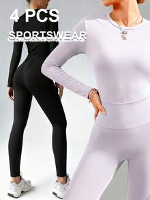 4 PCS Women,Workout Sets Women,Women's Solid Color Minimalist Casual Long Sleeve Top And Pants Set-Lined Set,Yoga Set - 黑色+紫色 - 查看 1