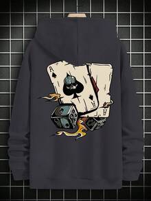 Men's Dropped Shoulder Loose Casual Versatile Poker Card Pattern Hoodie With Pocket, Long Sleeve Top - Dark Grey - View 4